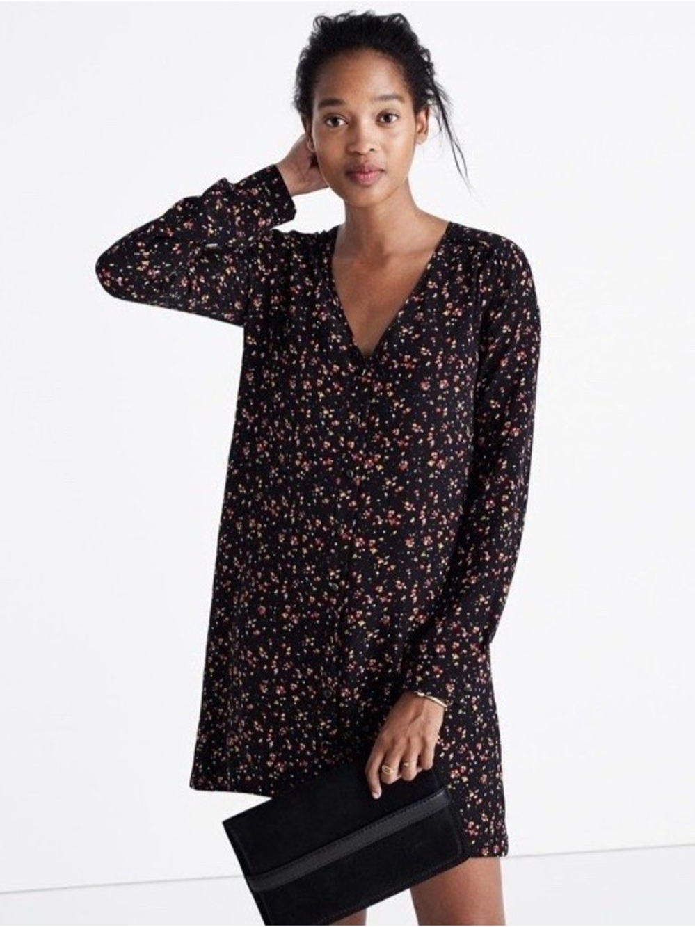 Madewell x Sézane Elly Silk Shirtdress Black Ditsy Floral XXS